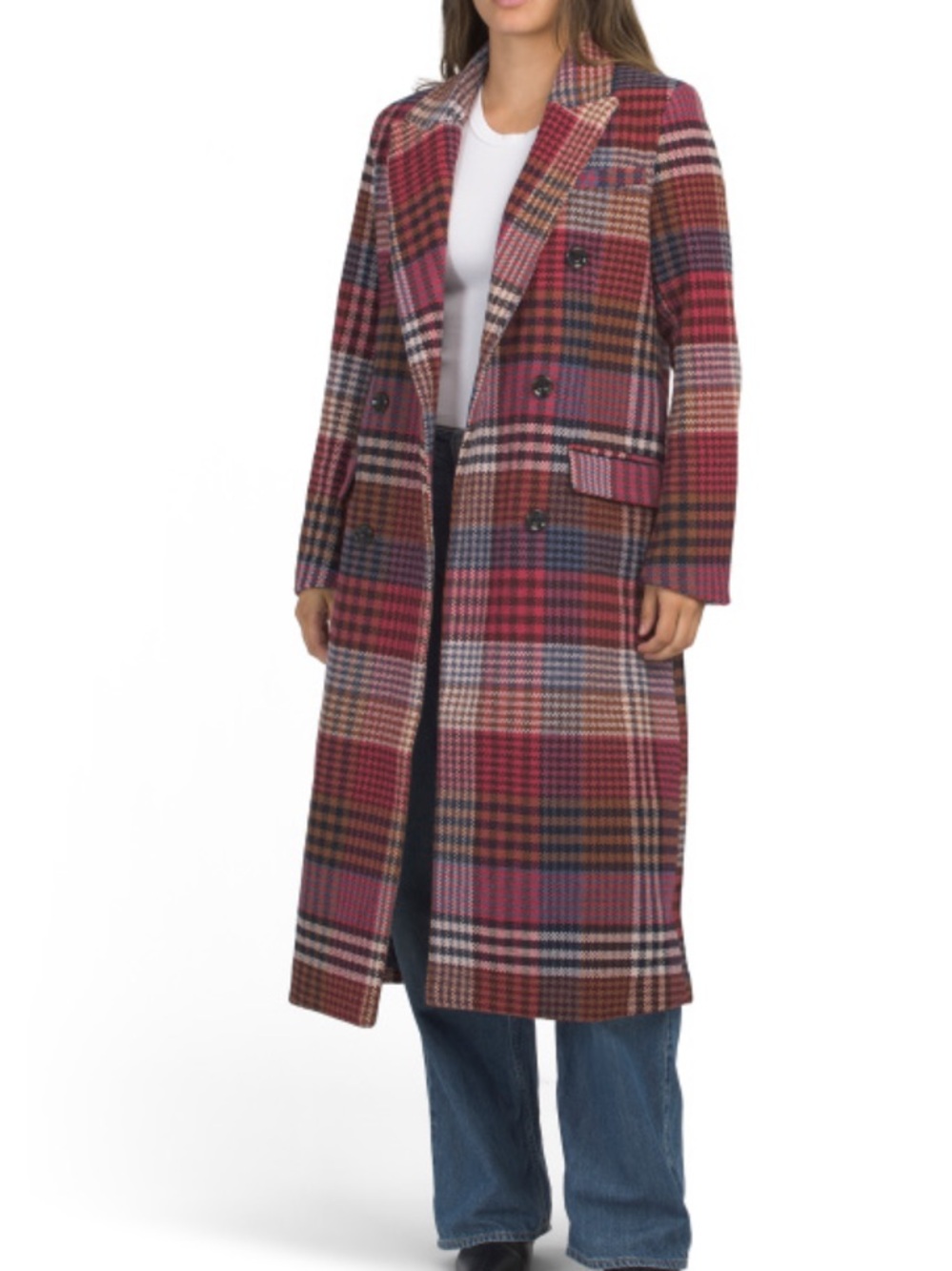 NVLT Long Plaid Wool-Blend Coat in Pink & Red Tones